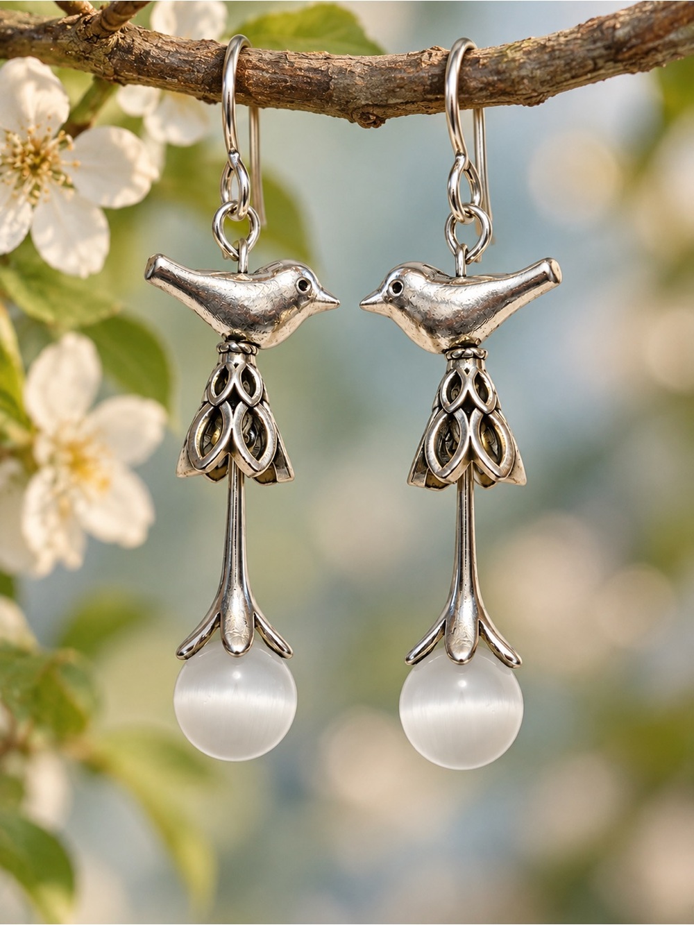 Handmade Silver Bird White Cat Eye Bead Dangle Earrings